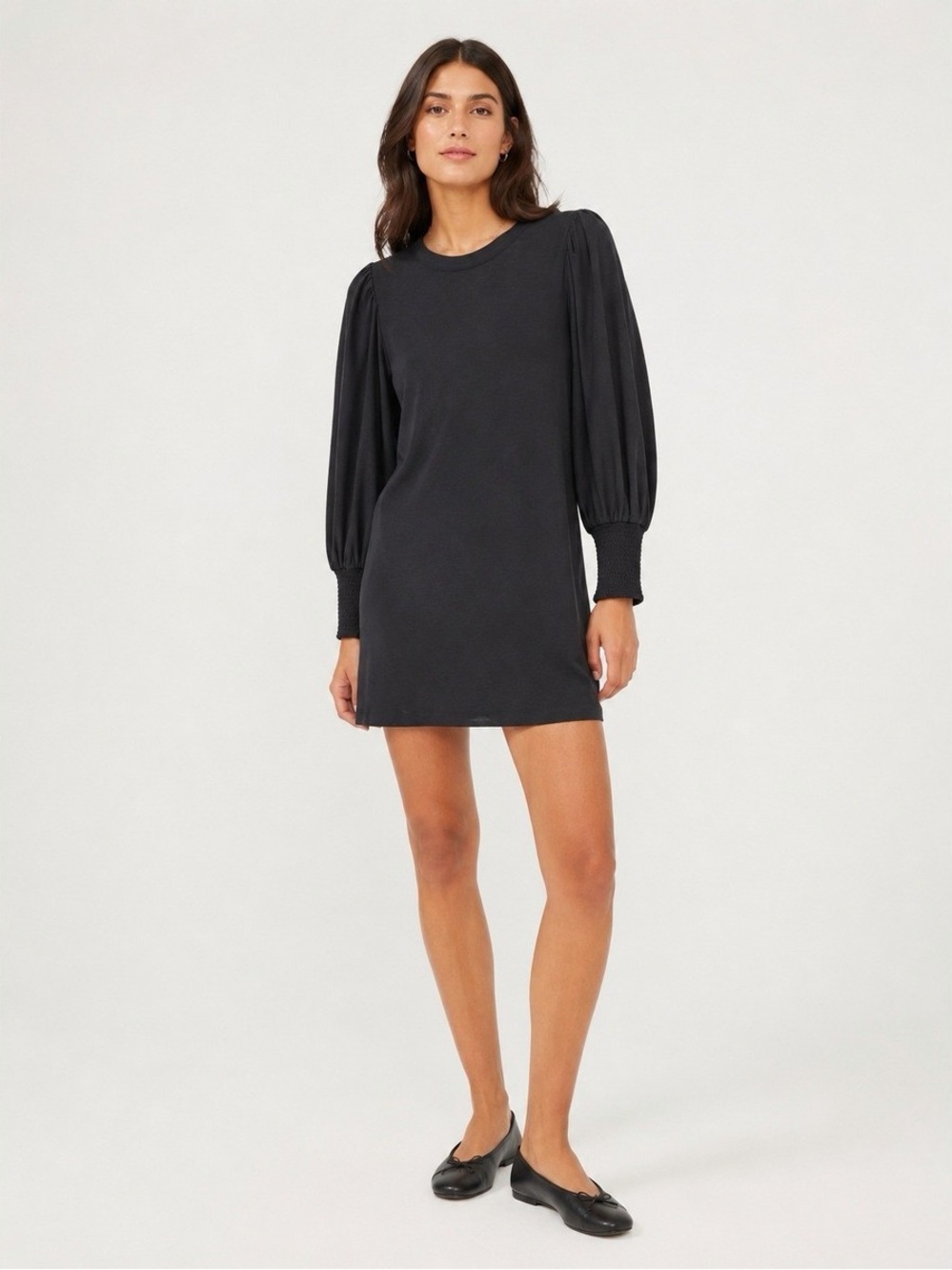 Nation Loren Smocked Black Puff Sleeve T-shirt Dress Long sleeve cotton small